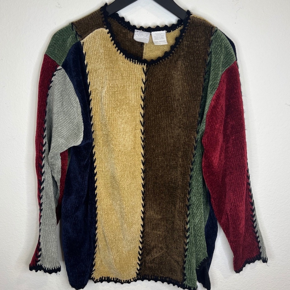 Blair Womens Sweater Patchwork Whipstitch Chenille Texture Multicolor Large